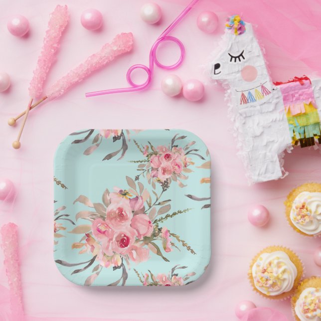 Blush Pink Flowers on Light Blue Paper Plates (Party)