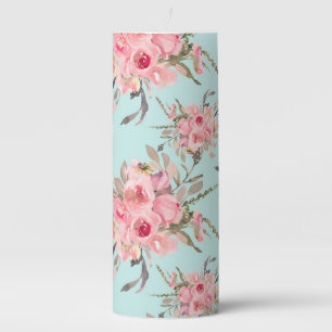 Blush Pink Flowers on Light Blue Pillar Candle