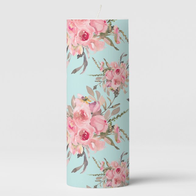 Blush Pink Flowers on Light Blue Pillar Candle (Front)