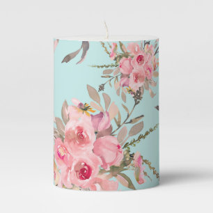 Blush Pink Flowers on Light Blue Pillar Candle