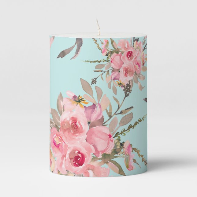 Blush Pink Flowers on Light Blue Pillar Candle (Front)