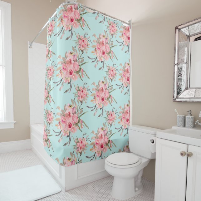 Blush Pink Flowers on Light Blue Shower Curtain (In Situ)