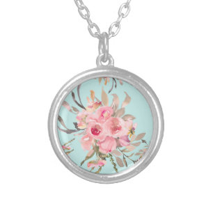 Blush Pink Flowers on Light Blue Silver Plated Necklace