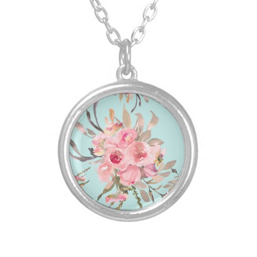 Blush Pink Flowers on Light Blue Silver Plated Necklace