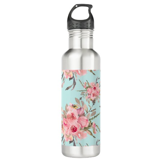 Blush Pink Flowers on Light Blue Stainless Steel Water Bottle | Zazzle.com