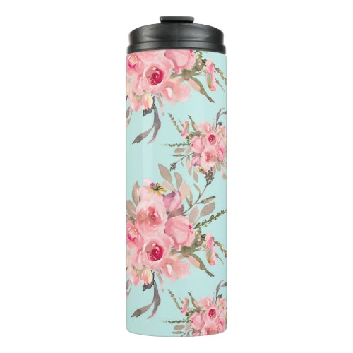 Blush Pink Flowers on Light Blue Thermal Tumbler