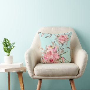 Blush Pink Flowers on Light Blue Throw Pillow
