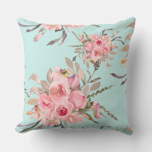 Blush Pink Flowers on Light Blue Throw Pillow