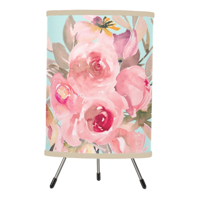 Blush Pink Flowers on Light Blue Tripod Lamp (Front)