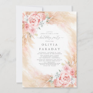 Blush Pink Flowers Pampas Grass Birthday Invitation
