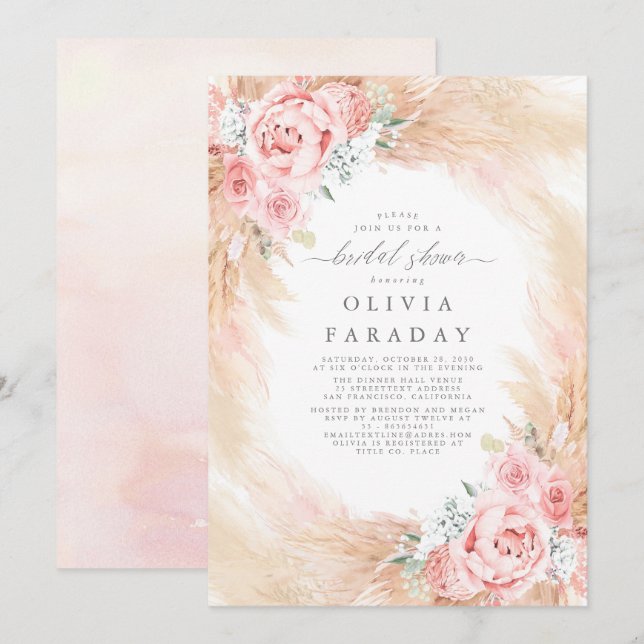 Blush Pink Flowers Pampas Grass Bridal Shower Invitation (Front/Back)