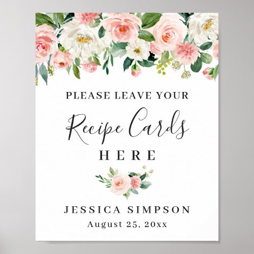 Blush Pink Flowers Recipe Cards Bridal Shower Poster