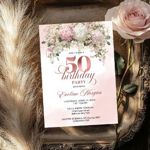Blush Pink Flowers Rose Gold 50th Birthday Party Invitation
