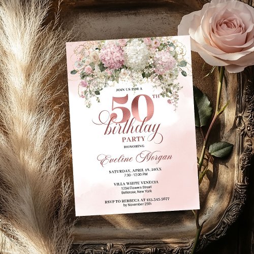 Blush Pink Flowers Rose Gold 50th Birthday Party 