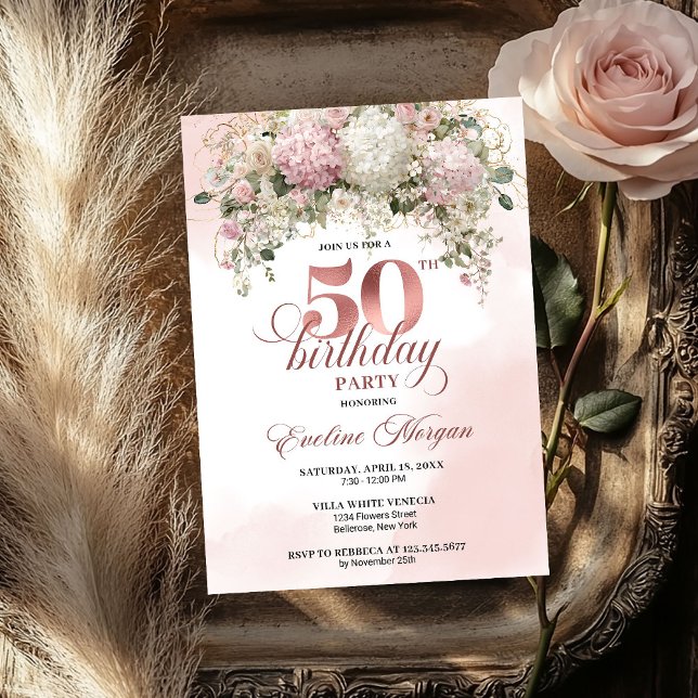 Blush Pink Flowers Rose Gold 50th Birthday Party  Invitation (Blush Pink Flowers Rose Gold 50th Birthday Party Invitation

)
