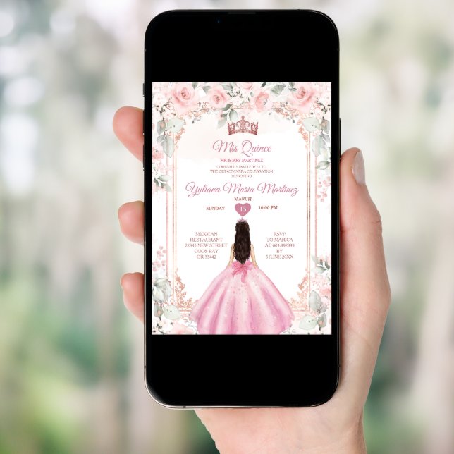 Blush Pink Flowers & Rose Gold Crown Mis Quince Invitation (Front Digital)