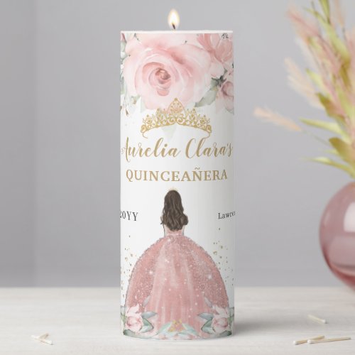 Blush Pink Flowers Rose Gold Quinceaera Birthday Pillar Candle