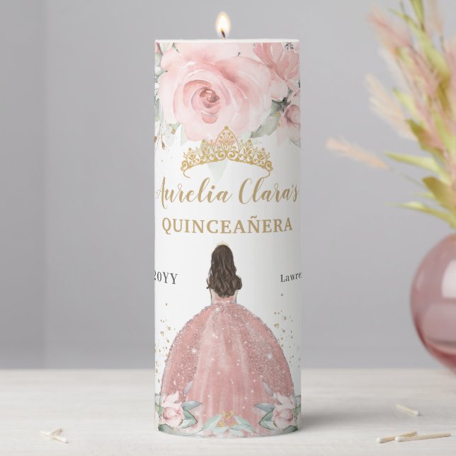 Blush Pink Flowers Rose Gold Quinceañera Birthday Pillar Candle (In Situ)