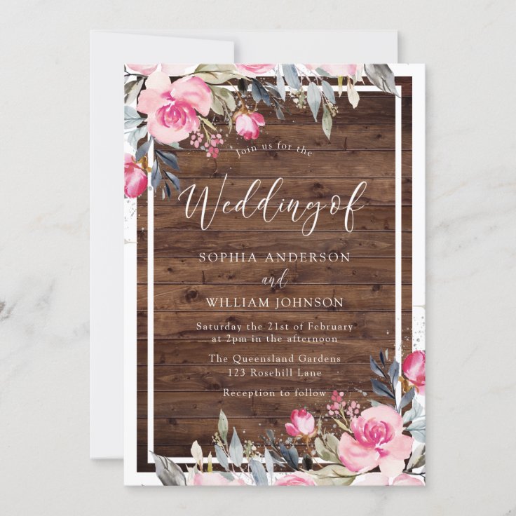 Blush Pink Flowers Rustic Wood Wedding Invitation | Zazzle