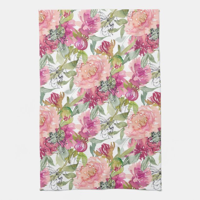 Blush Pink Flowers Sage Green Leaves Kitchen Towel (Vertical)