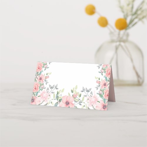 Blush Pink Flowers Sage Green Leaves Spring Summer Place Card
