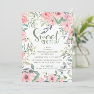 Blush Pink Flowers Sage Green Leaves Sweet 16