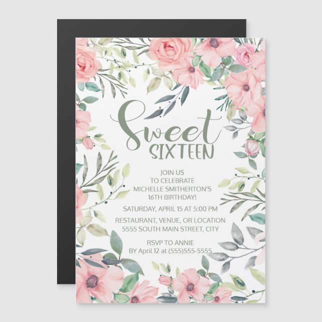 Blush Pink Flowers Sage Green Leaves Sweet 16 (Front/Back)