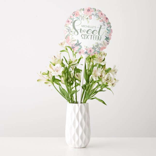 Blush Pink Flowers Sage Green Leaves Sweet 16 Balloon (Vase)