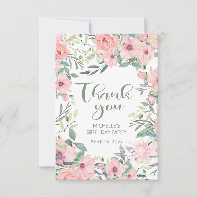 Blush Pink Flowers Sage Green Leaves Sweet 16  Thank You Card (Front)