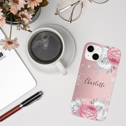 Blush pink flowers silver foliage glitter name  Case_Mate iPhone 14 case