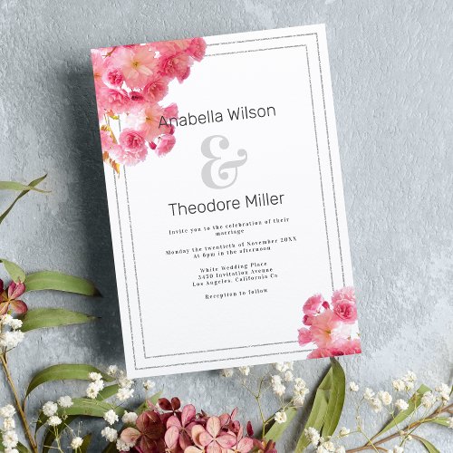 Blush pink flowers silver glitter border wedding invitation