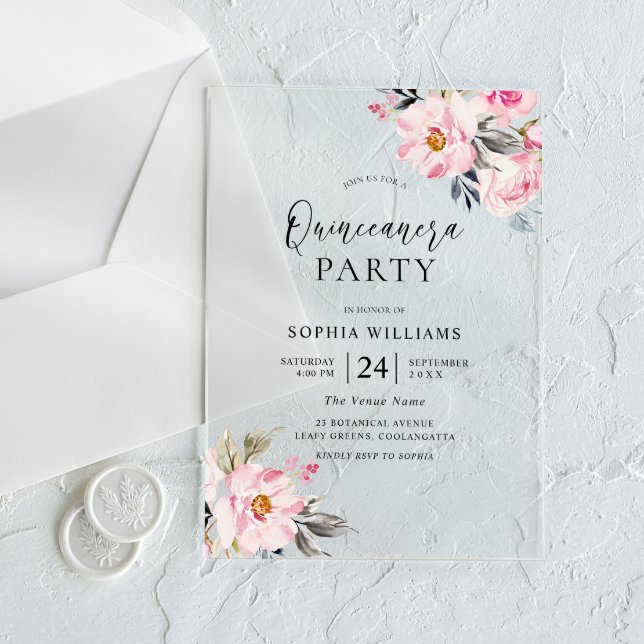 Blush Pink Flowers Sweet Quinceanera Party Acrylic Invitations (Creator Uploaded)