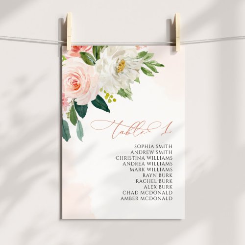 Blush Pink Flowers Table Number 1 Seating Chart