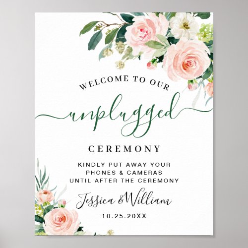 Blush Pink Flowers Unplugged Wedding Ceremony Poster