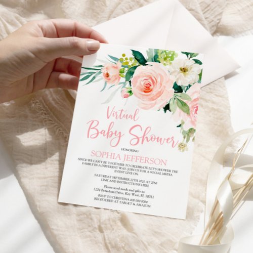 Blush Pink Flowers Virtual Baby Shower Invitation