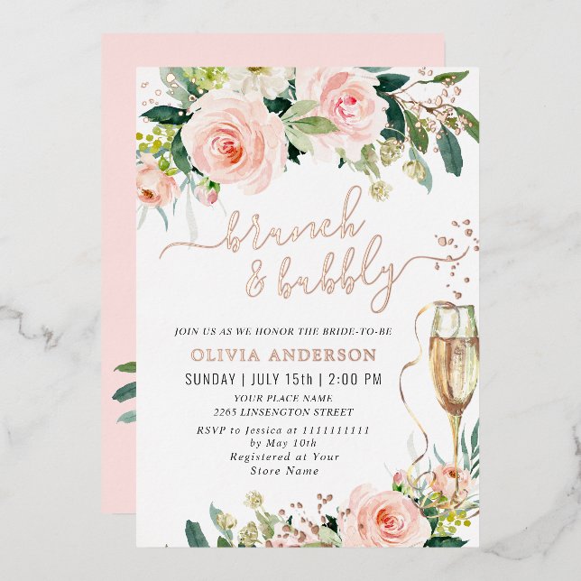 Blush Pink Flowers Watercolor Bridal Brunch Gold Foil Invitation (Front/Back)