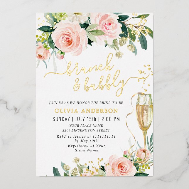 Blush Pink Flowers Watercolor Bridal Brunch Gold Foil Invitation (Front)