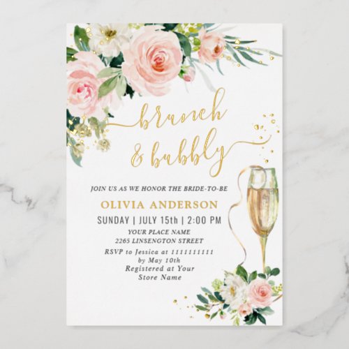 Blush Pink Flowers Watercolor Bridal Brunch Gold Foil Invitation