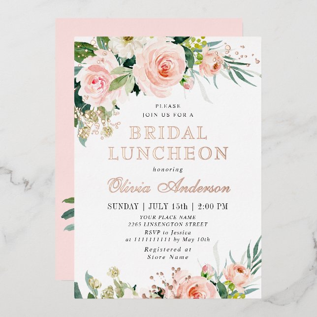 Blush Pink Flowers Watercolor Bridal LUNCHEON Gold Foil Invitation (Front/Back)