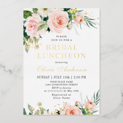 Blush Pink Flowers Watercolor Bridal LUNCHEON Gold Foil Invitation