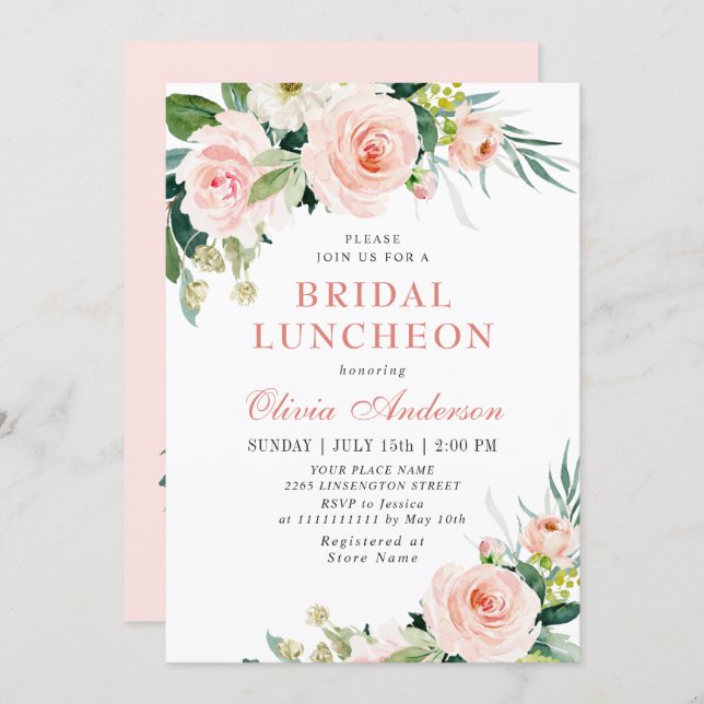Blush Pink Flowers Watercolor Bridal Luncheon Invitation (Front/Back)