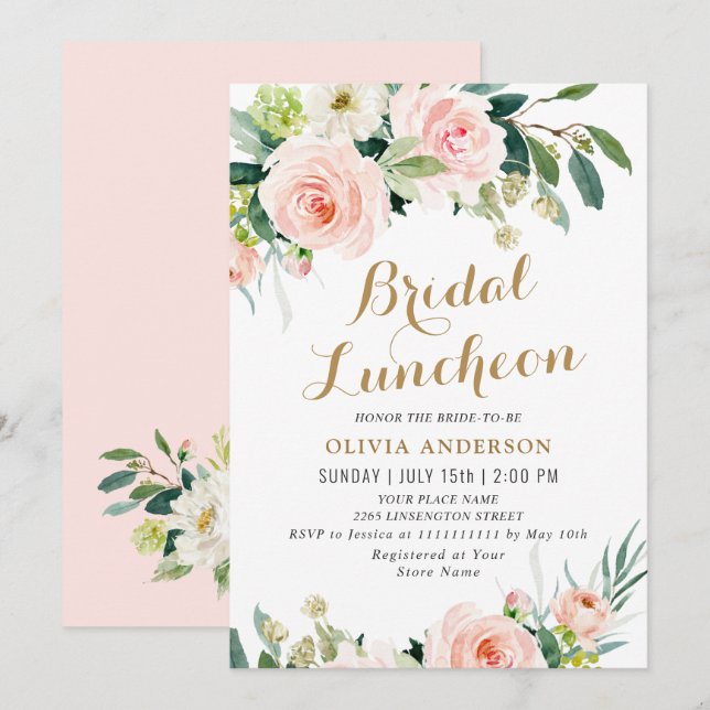 Blush Pink Flowers Watercolor Bridal Luncheon Invitation (Front/Back)
