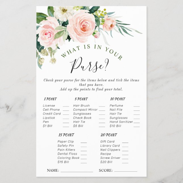 Blush Pink Flowers Watercolor Bridal Shower Game (Front)