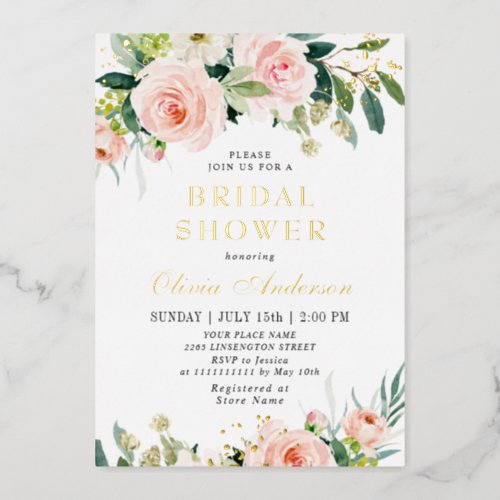 Blush Pink Flowers Watercolor Bridal Shower Gold Foil Invitation