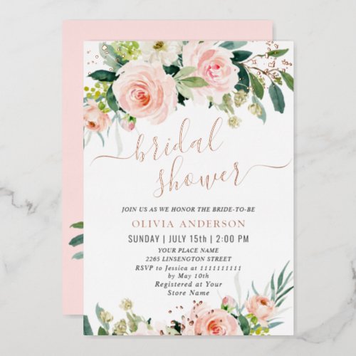 Blush Pink Flowers Watercolor Bridal Shower Gold Foil Invitation