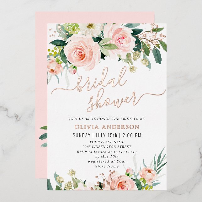 Blush Pink Flowers Watercolor Bridal Shower Gold Foil Invitation (Front/Back)