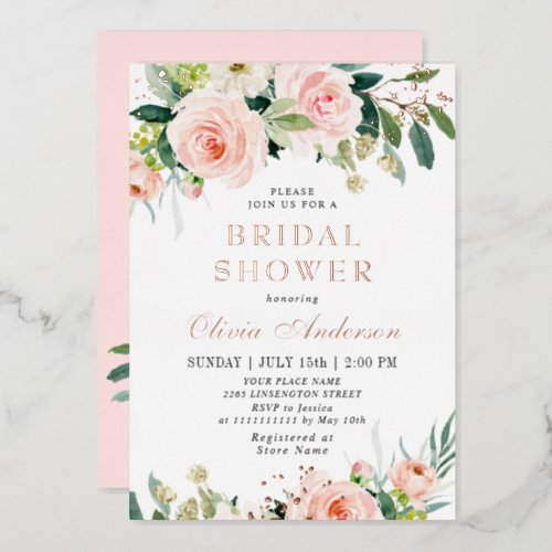 Blush Pink Flowers Watercolor Bridal Shower Gold Foil Invitation