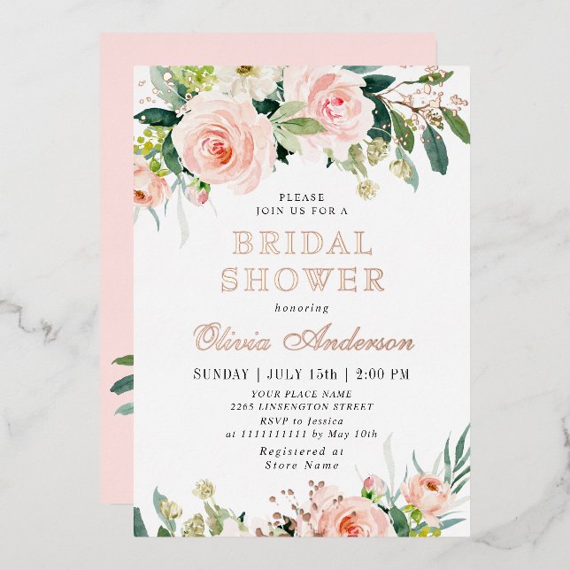 Blush Pink Flowers Watercolor Bridal Shower Gold Foil Invitation (Front/Back)