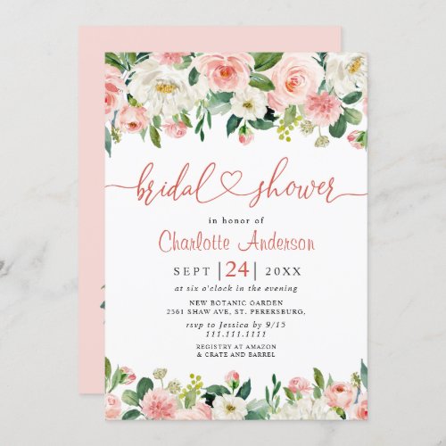 Blush Pink Flowers Watercolor Bridal Shower Invitation