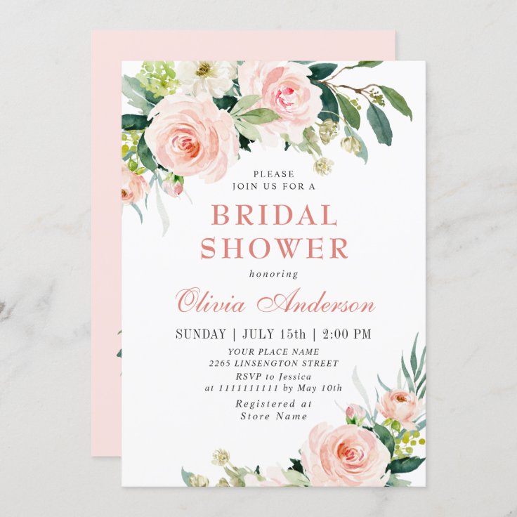 Blush Pink Flowers Watercolor Bridal Shower Invitation | Zazzle